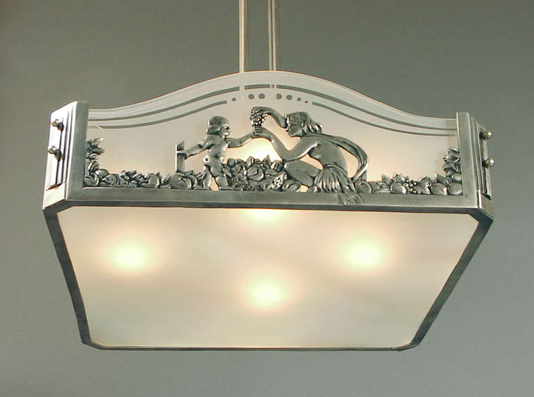 French Art Deco Chandelier Featuring an Earth Mother and her Darling Child For Sale 1