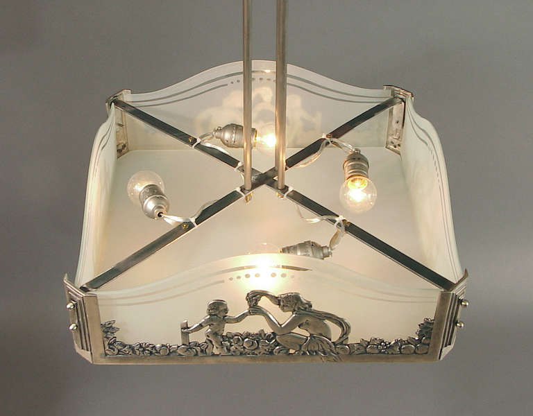 French Art Deco Chandelier Featuring an Earth Mother and her Darling Child For Sale 3