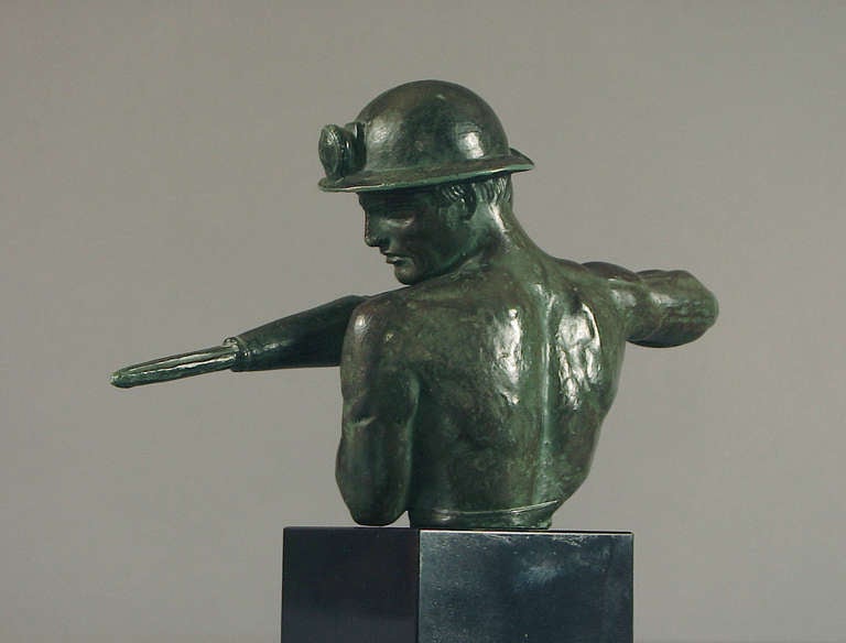 French Art Deco Sculpture of a Miner, on a Marble Plinth 2