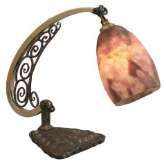 French Wrought Iron Table/Desk Lamp by Henri Fournet Daum Shade