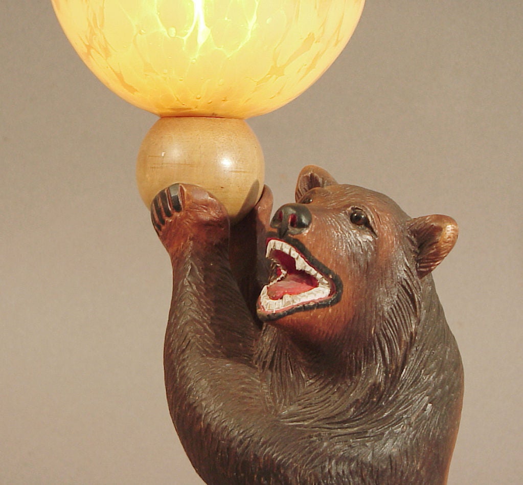 German Carved Wood Art Deco Table Lamp of a Black Bear
