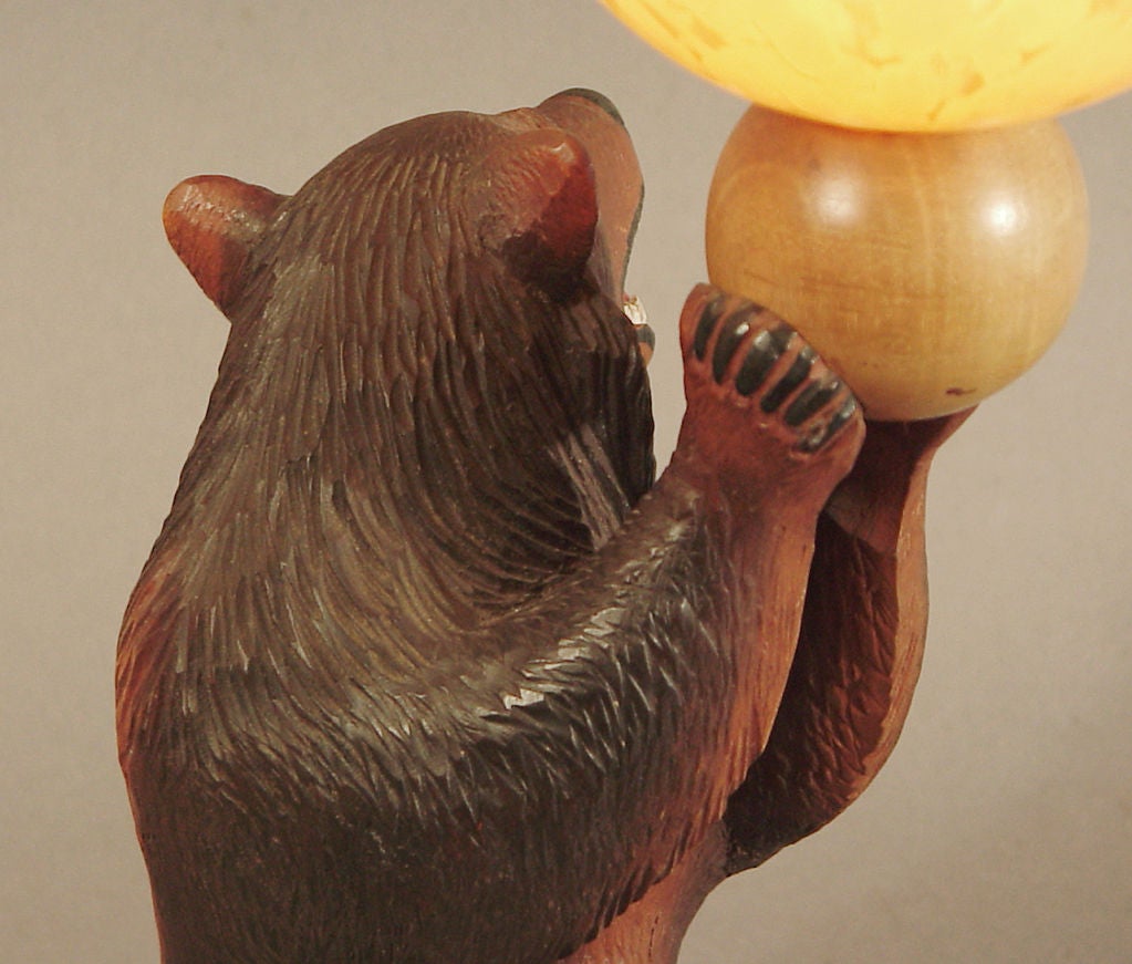 20th Century Carved Wood Art Deco Table Lamp of a Black Bear