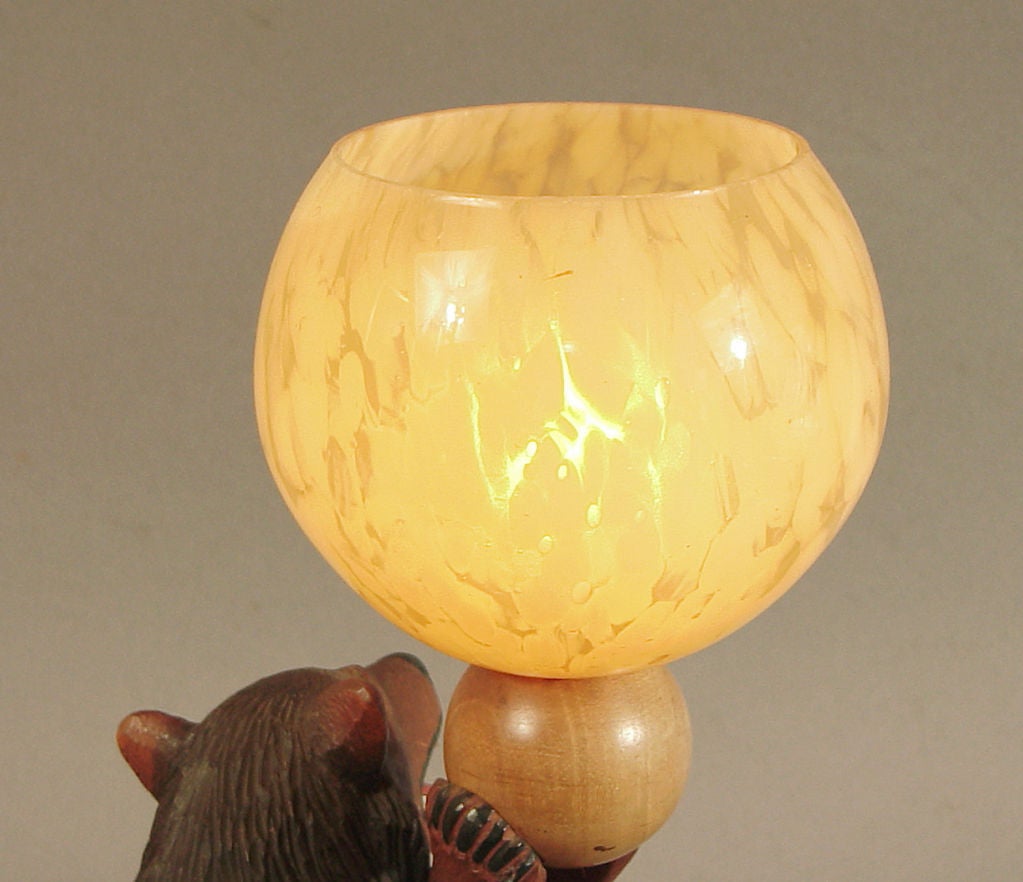 Glass Carved Wood Art Deco Table Lamp of a Black Bear
