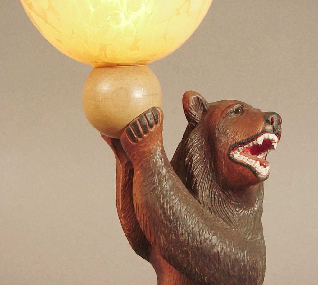 Carved Wood Art Deco Table Lamp of a Black Bear 1