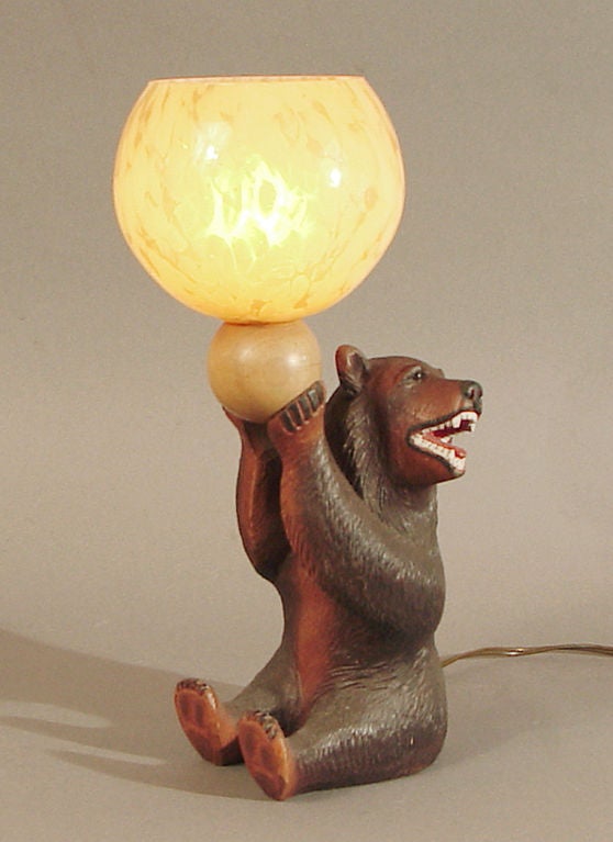 Carved Wood Art Deco Table Lamp of a Black Bear 4