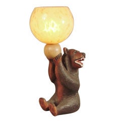 Carved Wood Art Deco Table Lamp of a Black Bear