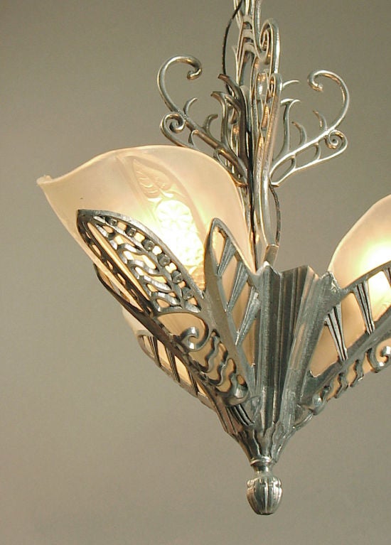 20th Century WILD American Art Deco Slip Shade 3-light Chandelier