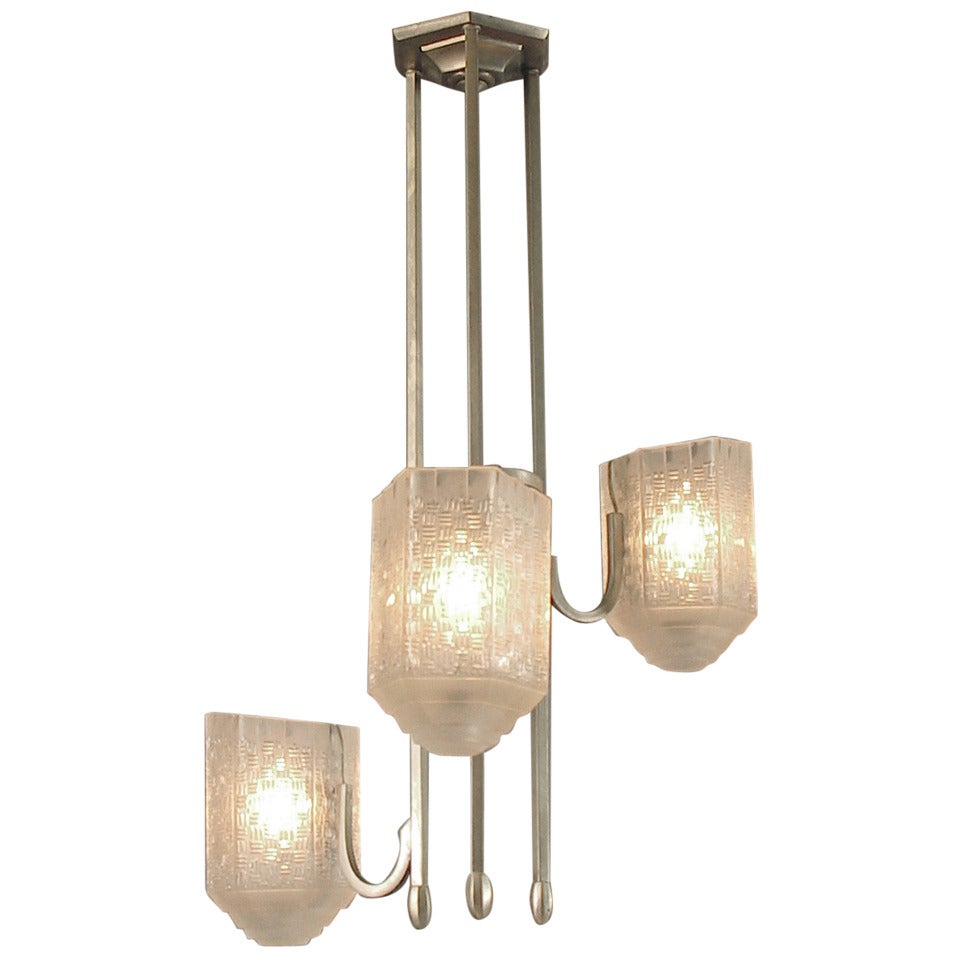 Asymmetrical French Art Deco/Modernist Chandelier with Exceptional Glass Shades For Sale