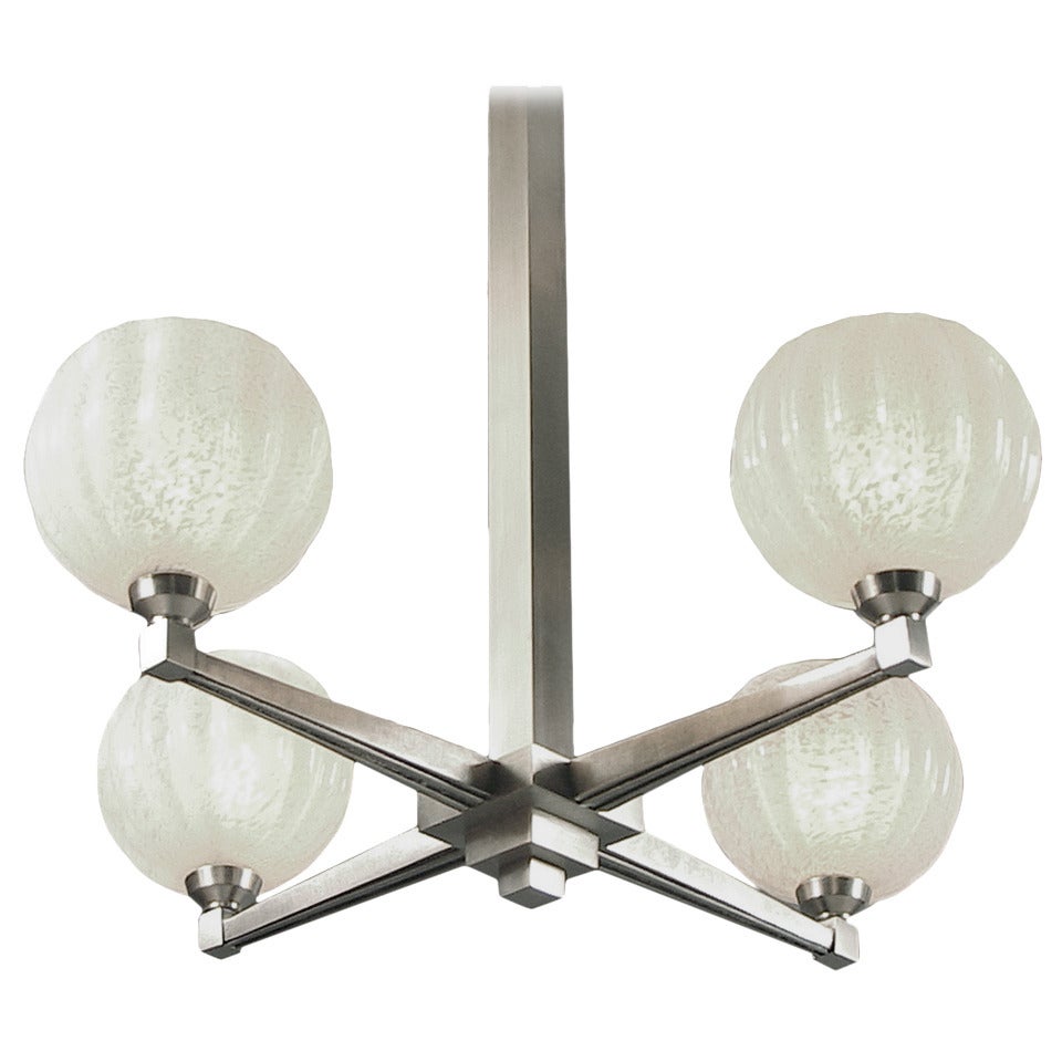 A Spare, French Art Deco/Modernist Lighting Fixture with Glass Ball Shades For Sale