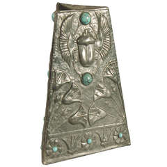 A Hand-made French Art Deco/Nouveau Pewter Vase with Turquoise; Egyptian Motifs