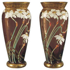 Tall French Art Nouveau Amethyst Glass Vases, with Enameled Design Work