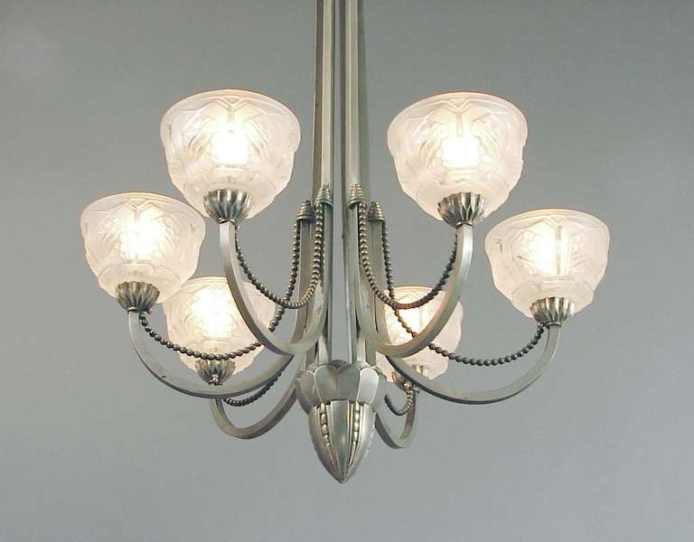 Six Arm French Art Deco Beaded, Pewter-Colored Chandelier in the Leleu Mode In Excellent Condition In San Francisco, CA