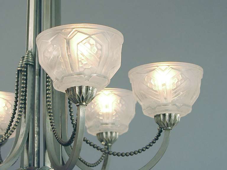20th Century Six Arm French Art Deco Beaded, Pewter-Colored Chandelier in the Leleu Mode