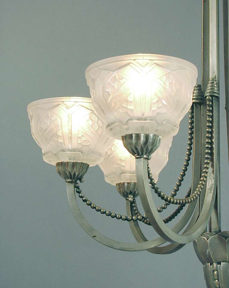 Glass Six Arm French Art Deco Beaded, Pewter-Colored Chandelier in the Leleu Mode
