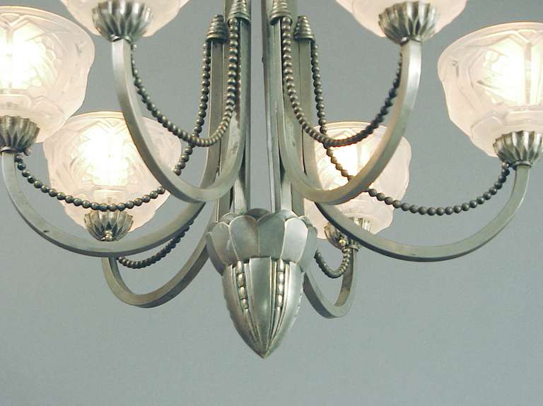 Six Arm French Art Deco Beaded, Pewter-Colored Chandelier in the Leleu Mode 1
