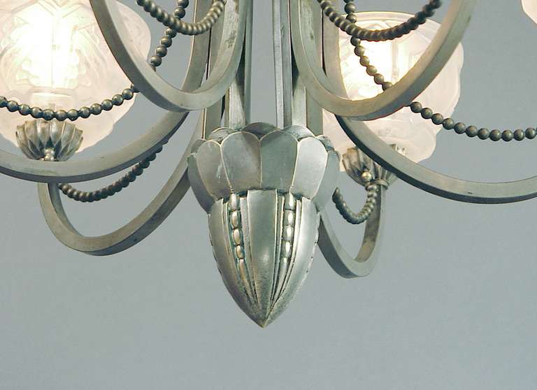 Six Arm French Art Deco Beaded, Pewter-Colored Chandelier in the Leleu Mode 2