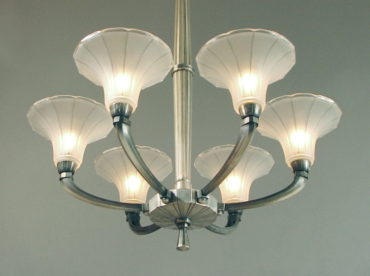 A Most Handsome Six-light French Art Deco Chandelier Signed Coduri