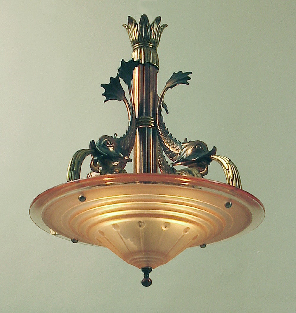 French Art Deco Chandelier with Peach Glass & Copper Dolphins! For Sale