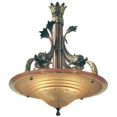 Vintage French Art Deco Chandelier with Peach Glass & Copper Dolphins!