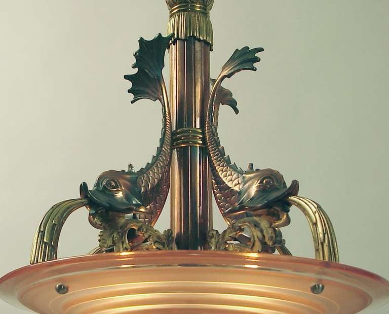 French Art Deco Chandelier with Peach Glass & Copper Dolphins! In Good Condition For Sale In San Francisco, CA