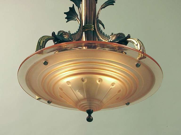 Mid-20th Century French Art Deco Chandelier with Peach Glass & Copper Dolphins! For Sale