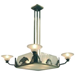 Large Stately French Art Deco Chandelier with 8 Lights, Frosted Panels