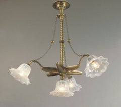 Antique Solid Brass French Chandelier Ca. 1910 with Hand-blown Opalescent Glass Shades