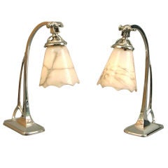 Pair French Art Deco/Nouveau Table/Desk Lamps Alabaster Shades