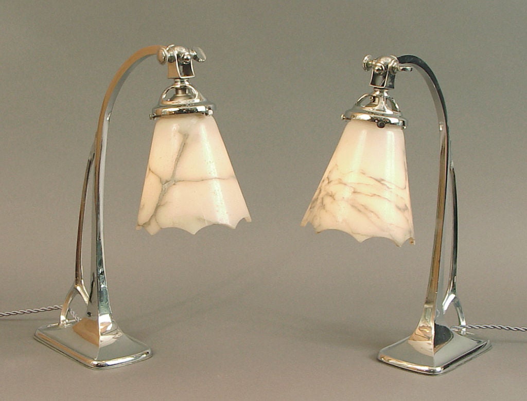 Pair French Art Deco/Nouveau Table/Desk Lamps Alabaster Shades 4