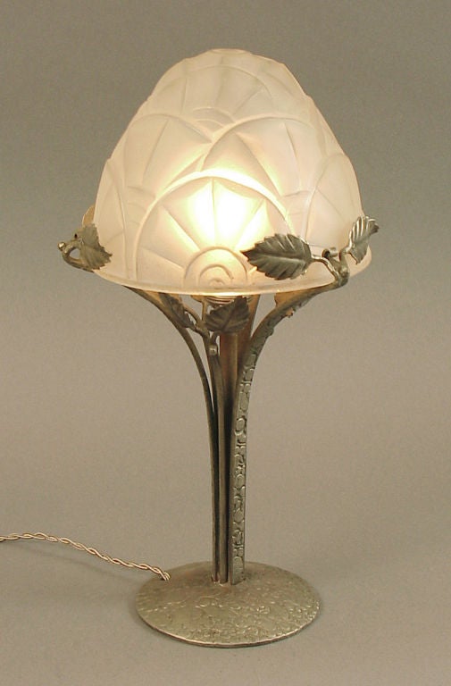 French Art Deco Table Lamp by Degue, Wrought Iron Base at 1stDibs