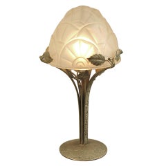 French Art Deco Table Lamp by Degue, Wrought Iron Base