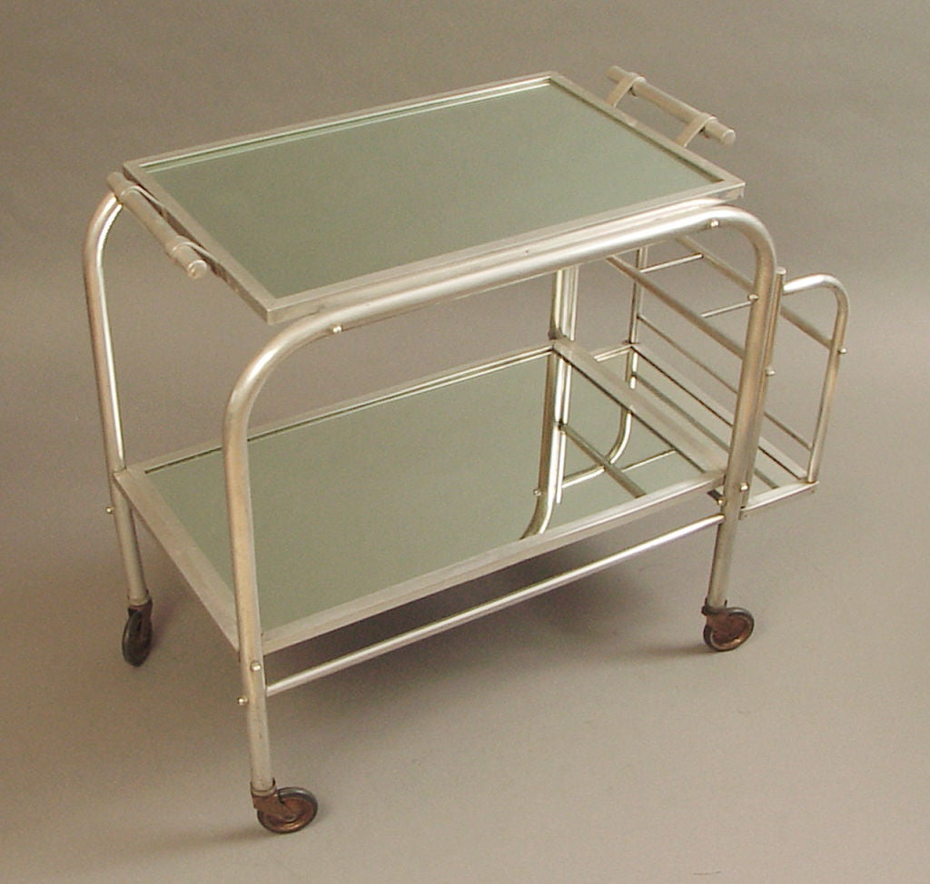 Mirror French Art Deco Rolling Liquor Bar in Aluminum, with Tray