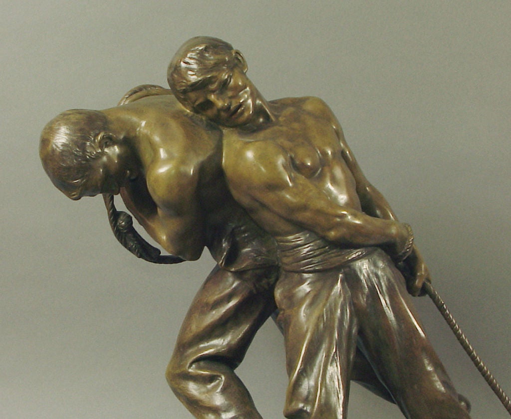 Art déco Sculpture en bronze Art Déco/Nouveau de deux hommes travaillants : Schiffszieher par Levasseur