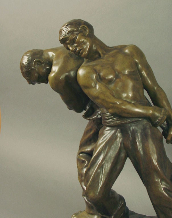 Français Sculpture en bronze Art Déco/Nouveau de deux hommes travaillants : Schiffszieher par Levasseur