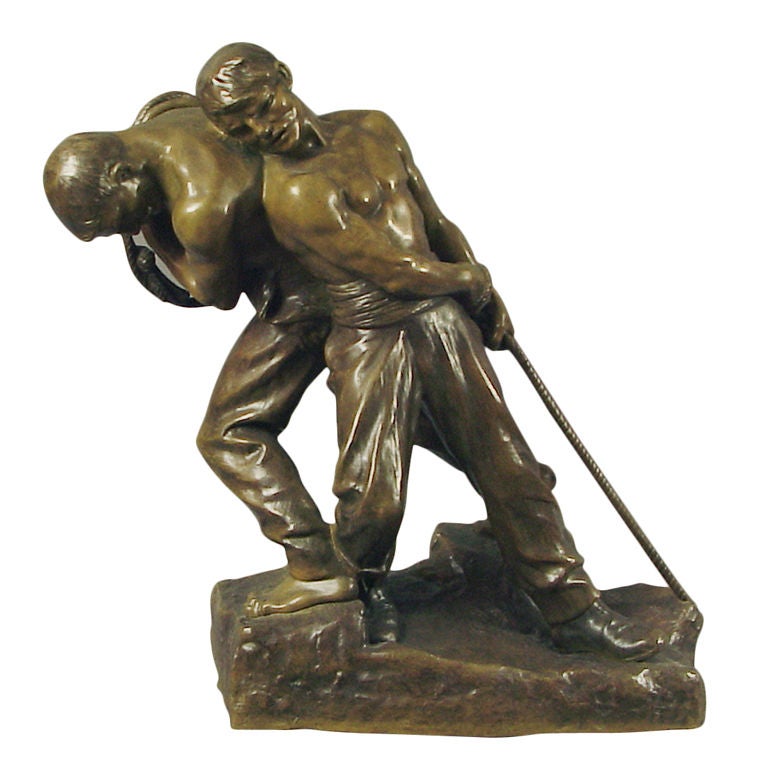 Sculpture en bronze Art Déco/Nouveau de deux hommes travaillants : Schiffszieher par Levasseur