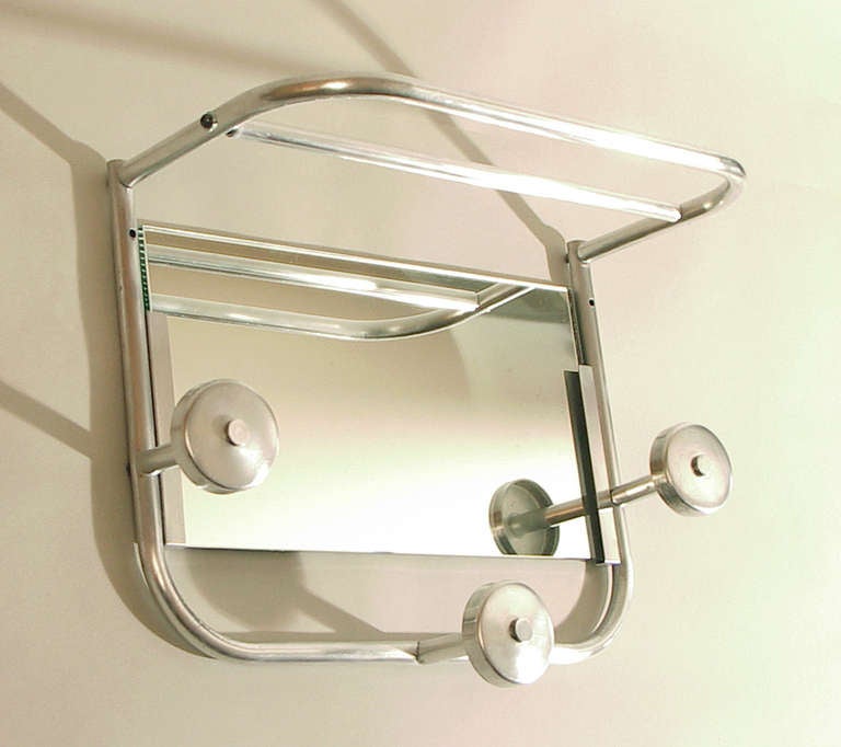 French Art Deco Aluminum Coat Rack/Hall/Wall Tree with Mirror In Excellent Condition For Sale In San Francisco, CA