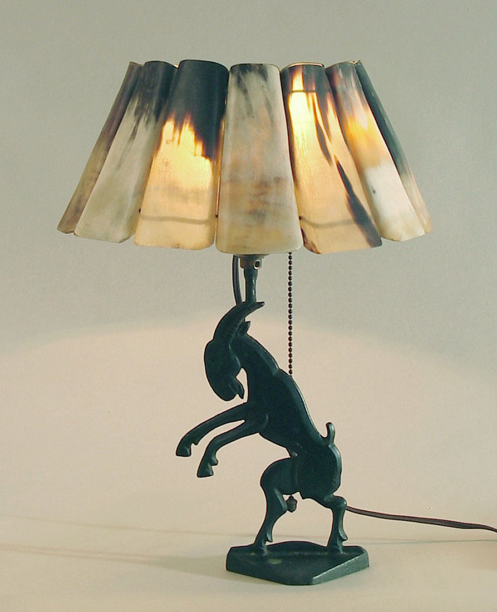 Stylized Art Deco Bronze Dancing Goat lamp with Horn Shade