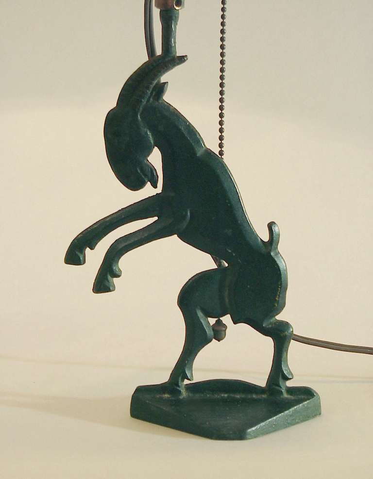 Stylized Art Deco Bronze Dancing Goat lamp with Horn Shade In Excellent Condition In San Francisco, CA