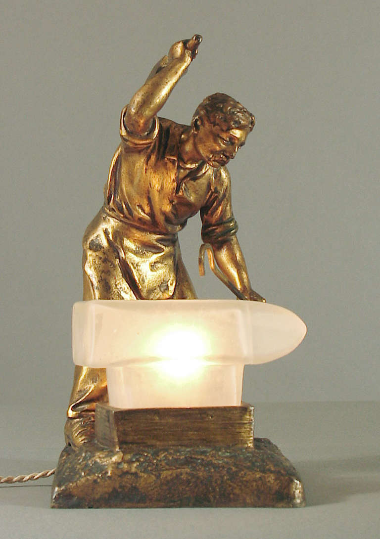 French Art Deco Table Lamp, Ferronnier (Iron Worker) and Glass Anvil Shade! In Excellent Condition In San Francisco, CA