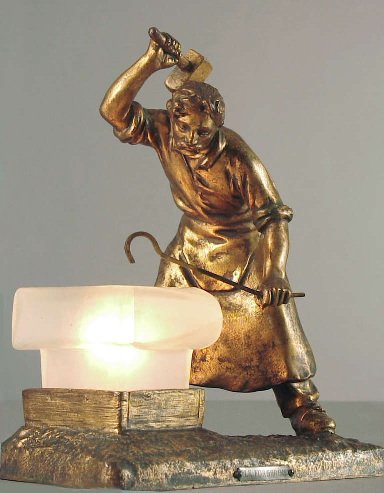 20th Century French Art Deco Table Lamp, Ferronnier (Iron Worker) and Glass Anvil Shade!