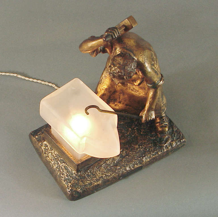 French Art Deco Table Lamp, Ferronnier (Iron Worker) and Glass Anvil Shade! 1