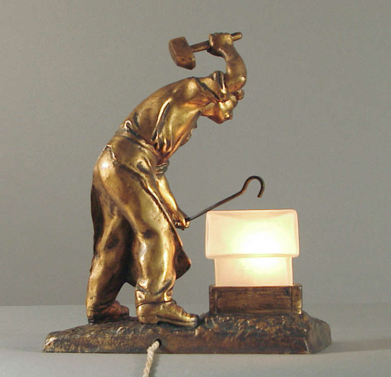 French Art Deco Table Lamp, Ferronnier (Iron Worker) and Glass Anvil Shade! 2