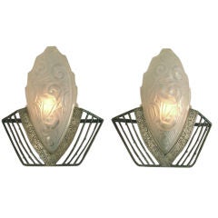 Pair of French Art Deco Wrought Iron, Molded Glass Wall Sconces