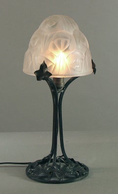 Antique French Art Deco "Boudoire" Table Lamp by Degué, Wrought Iron Base with Ivy