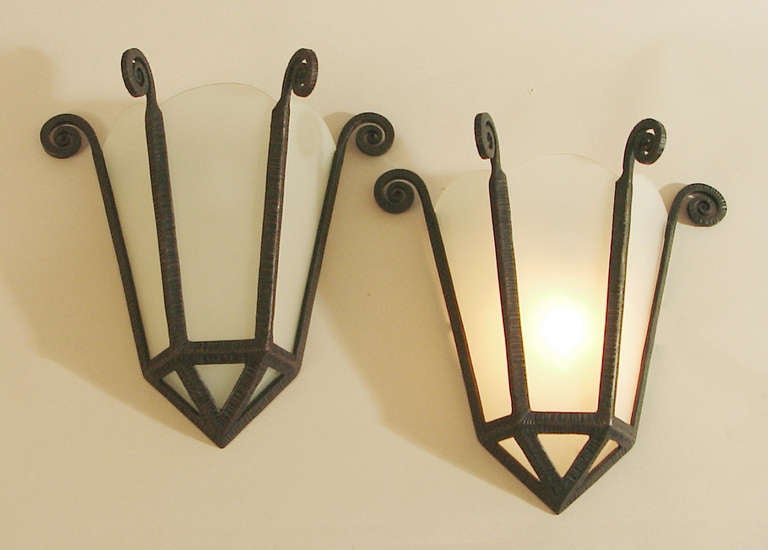 French Art Deco Wrought Iron/Frosted Glass Panel Wall Sconces