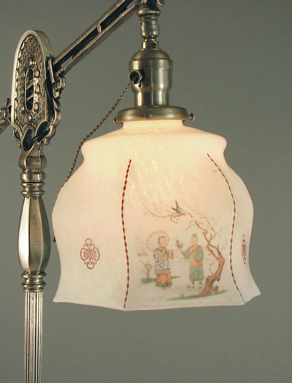 Special, "Best of" American Floor Lamp, Nickel-plated with Chinoiserie Shade For Sale