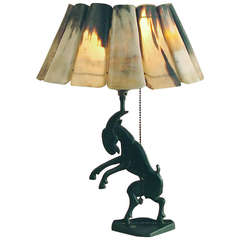 Stylized Art Deco Bronze Dancing Goat lamp with Horn Shade