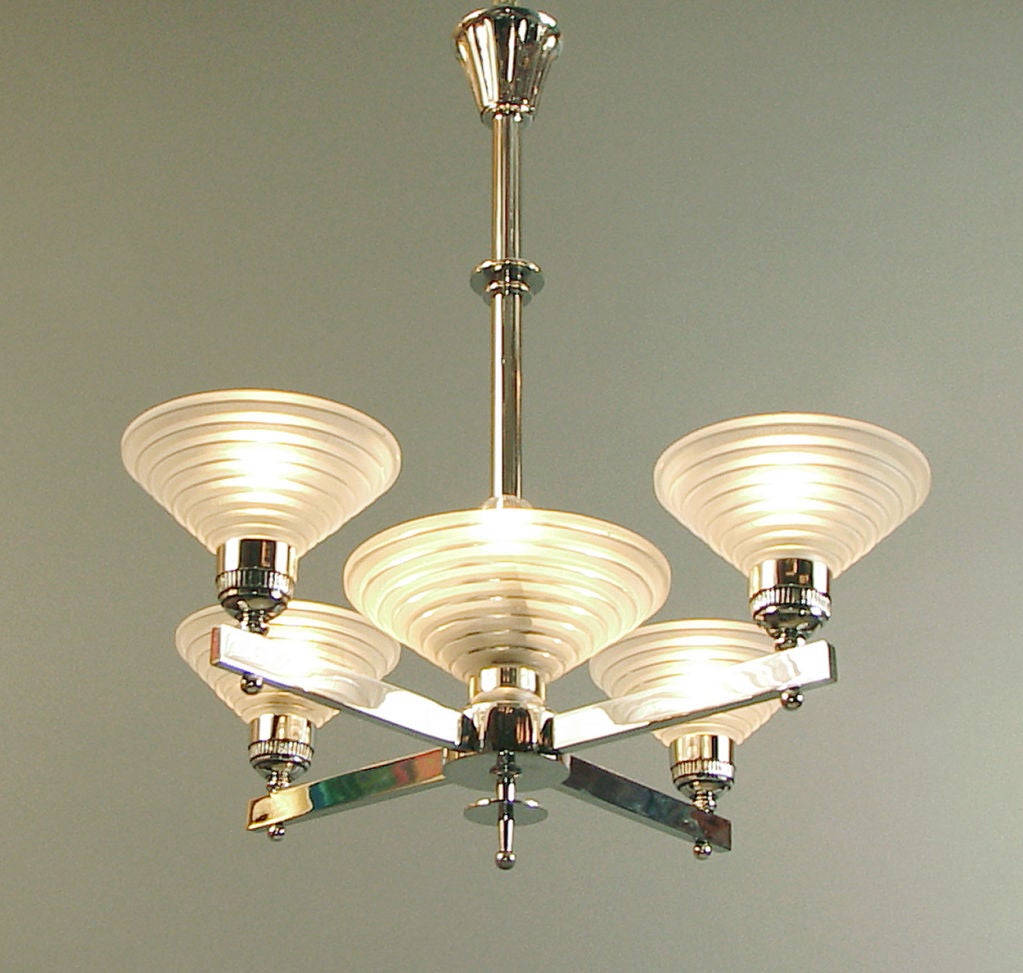 French Art Deco Chandelier, Chrome & Modernist Glass by Leleu 5