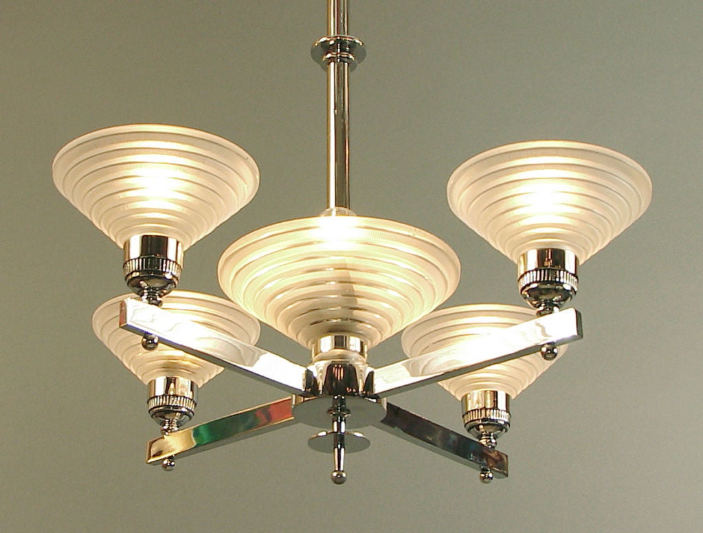Another smash hit by the famed French Art Deco lighting designer G. Leleu, this one being usually configured.  A companion seven-light chandelier by G. Leleu is also offered on my 1stdibs pages.  This lighting fixture has been totally disassembled