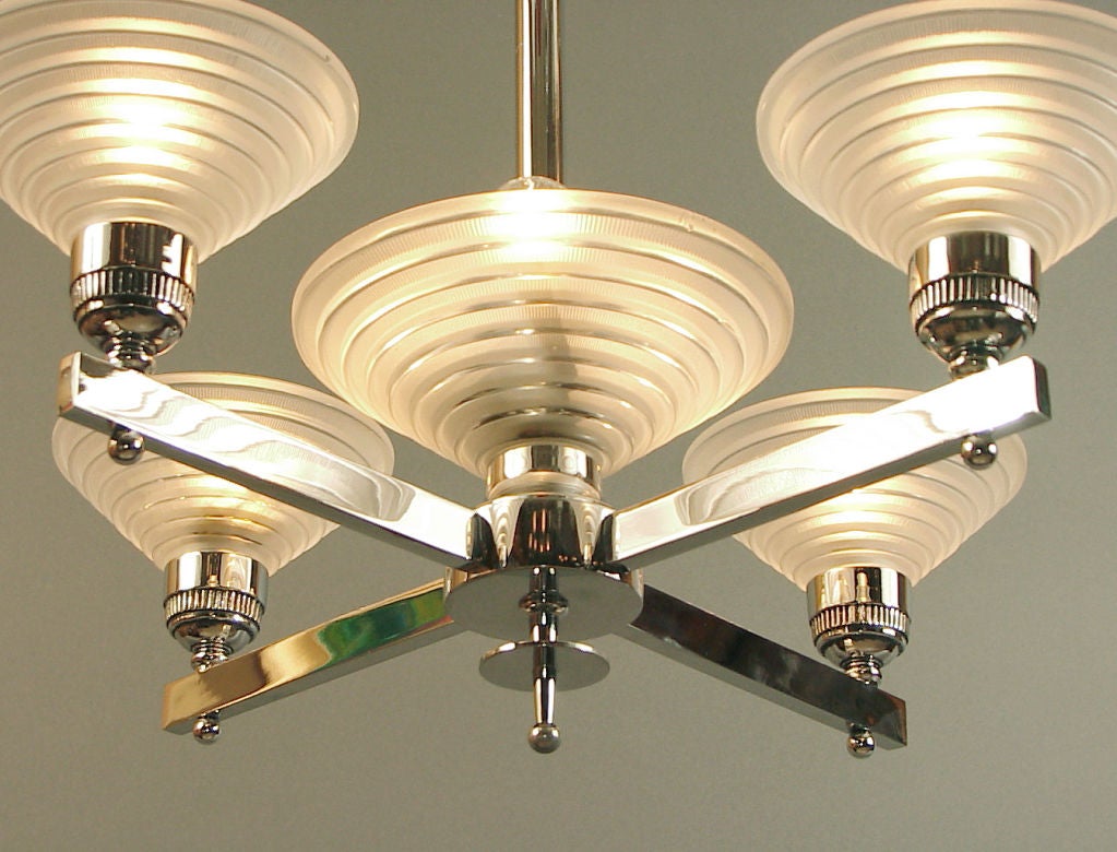 French Art Deco Chandelier, Chrome & Modernist Glass by Leleu In Excellent Condition In San Francisco, CA